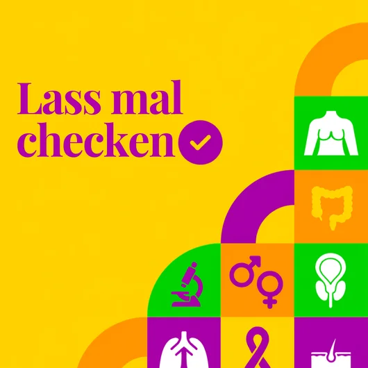 Gelbes Kampagnenmotiv „Lass mal checken“ mit bunten Symbolen für verschiedene Krebsarten und ihre Früherkennung.