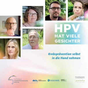 Cover einer Broschüre zur HPV-Prävention mit dem Titel „HPV hat viele Gesichter“, Porträtfotos betroffener Personen und dem Slogan „Krebsprävention selbst in die Hand nehmen“.
