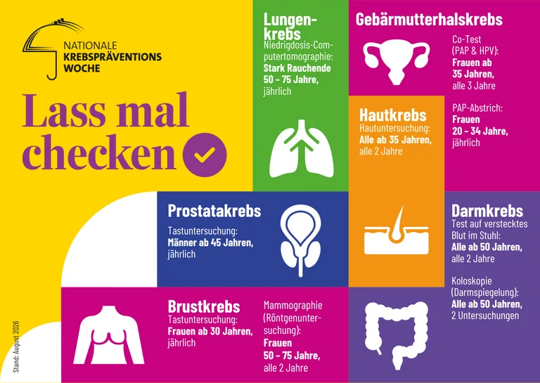 Infografik zur Kampagne „Lass mal checken“. Sie gibt einen Überblick über die gesetzlichen Früherkennungsangebote für Brustkrebs, Darmkrebs, Hautkrebs, Gebärmutterhalskrebs, Prostatakrebs und Lungenkrebs. Sie nennt die jeweiligen Altersgrenzen und Untersuchungsabstände (Stand: August 2026).